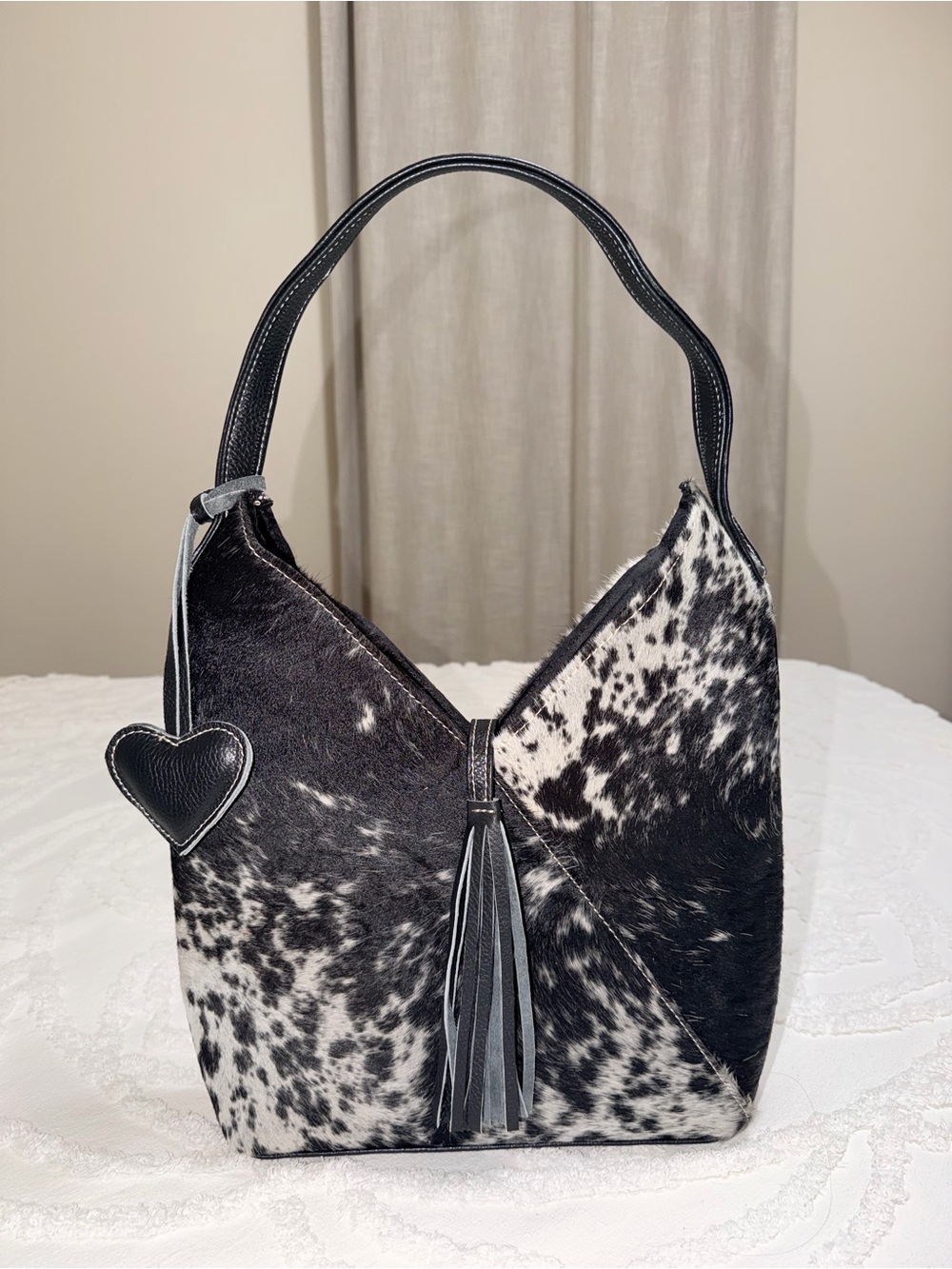 Black & White Cowhide Hobo Shoulder Bag with Tassel
